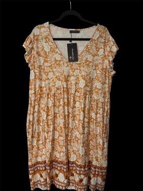 Shop Wonder Floral V-Neck Short Sleeve Dress in Butterscotch and White